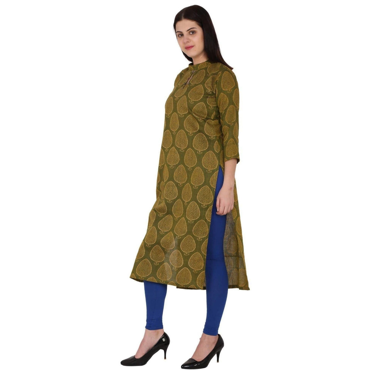 Kanoor Women's Dark Green Cotton Straight Kurti | Grocsy
