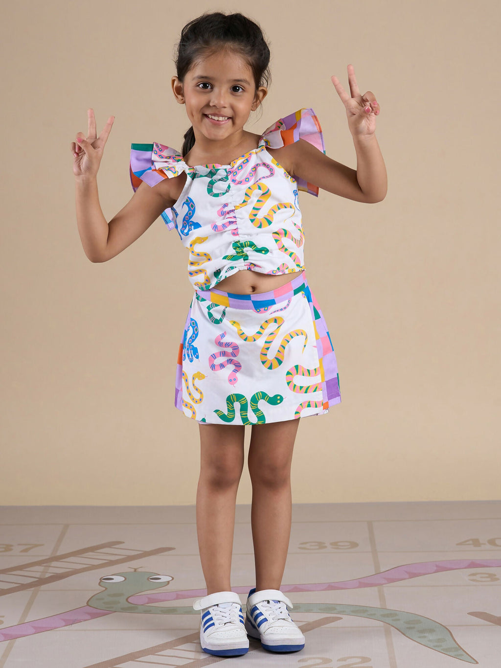 Snakes and Ladders Girls Multi Color Snake Print Top and Shorts Set from Siblings Collection | Grocsy