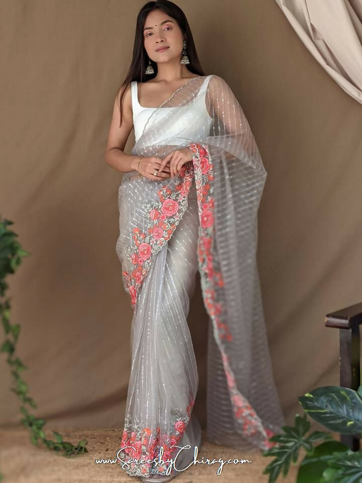 Vamsee Murari Grey Super Net Saree | Grocsy