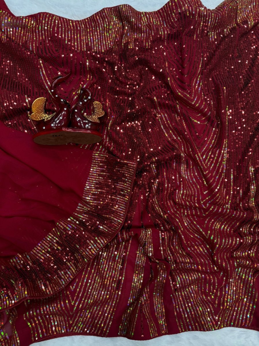 Arfa Fashion House Maroon Georgette Sequince Saree | Grocsy