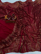 Arfa Fashion House Maroon Georgette Sequince Saree | Grocsy
