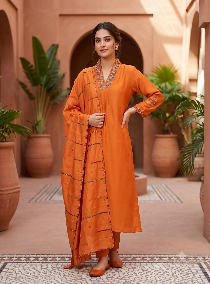 Teeya Creation Orange Silk Kurta Pant Set With Scalloped Dupatta | Grocsy