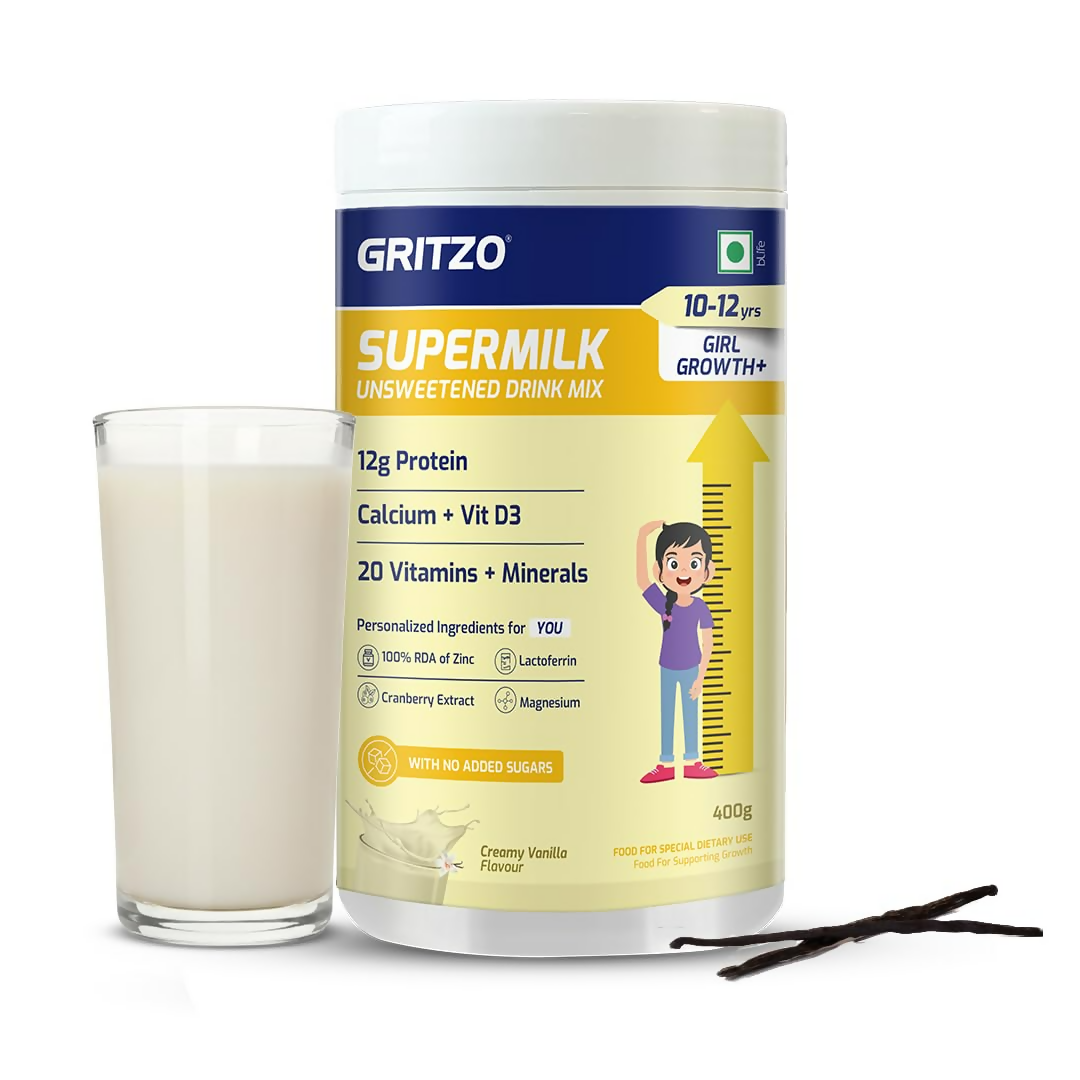 Gritzo SuperMilk Growth+ (Formerly Height+) Unsweetened Drink Mix (10-12y Girls) 12g Protein Powder - Creamy Vanilla | Grocsy