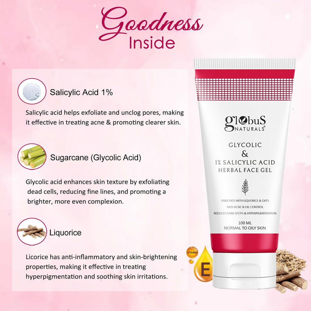 Globus Naturals Glycolic & 1% Salicylic Acid Herbal Anti Acne Face Gel | Grocsy