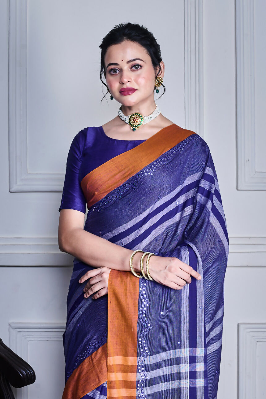 Morchari Sky Blue Cotton Handloom Mirror Work Saree Unstitched Blouse | Grocsy