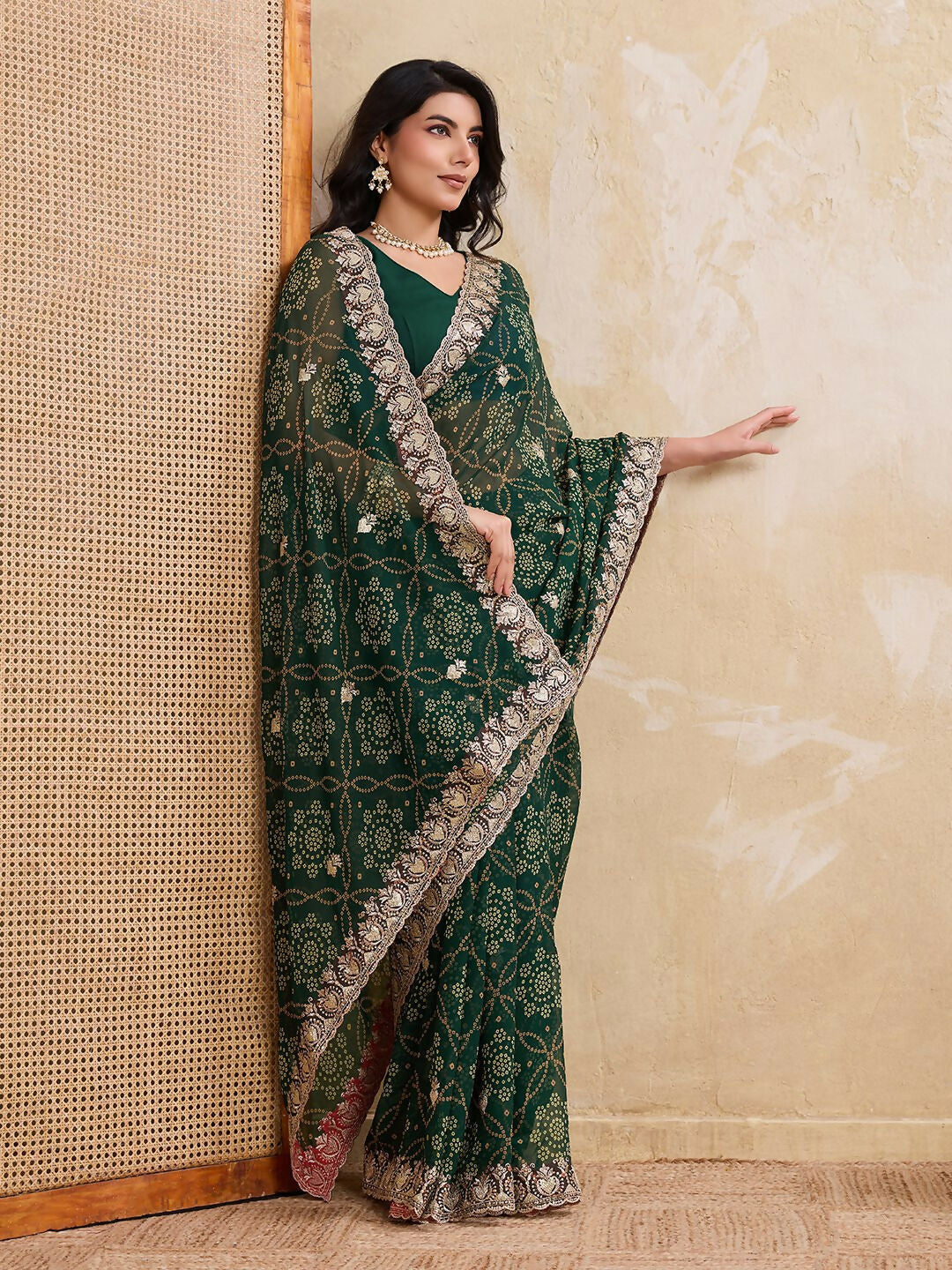 Teeya Creation New Trendy Leheriya Bandhani Georgette Saree For Daily Wear -Green | Grocsy