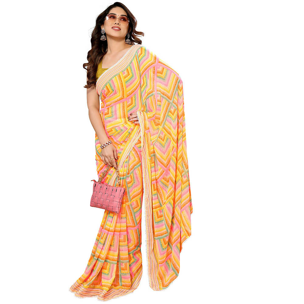 Women's Partywear Designer Yellow Georgette Fancy Saree - Satrangi | Grocsy