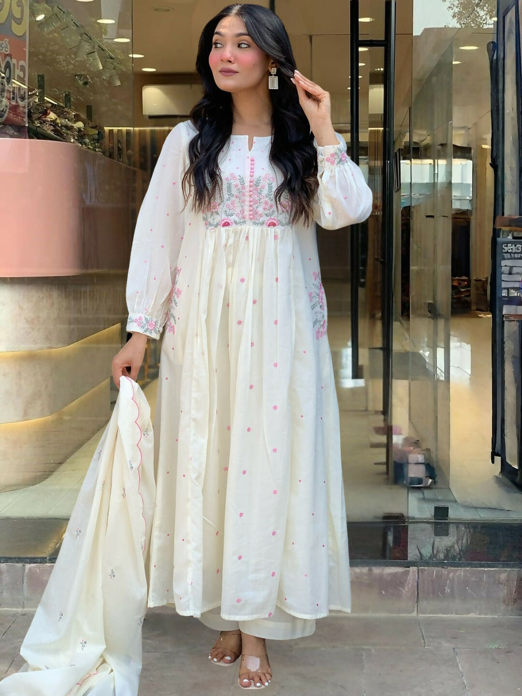 The52 White Women's Beautiful Cotton Fabric Thread Work Straight Kurta Pant and Dupatta Set | Grocsy