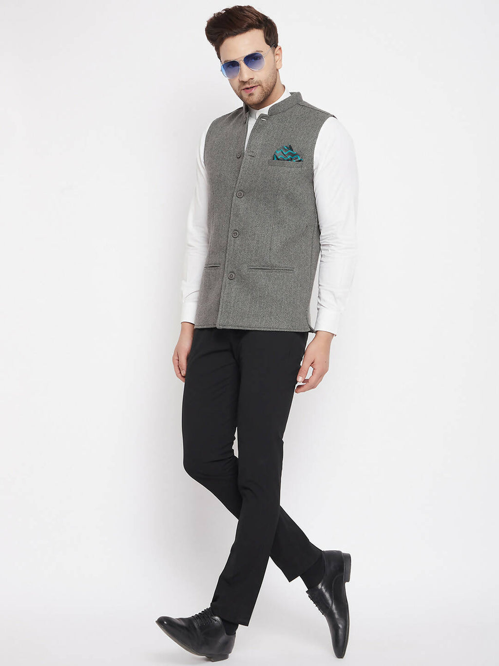 Even Apparels Grey Wool Men Woven Nehru Jacket | Grocsy