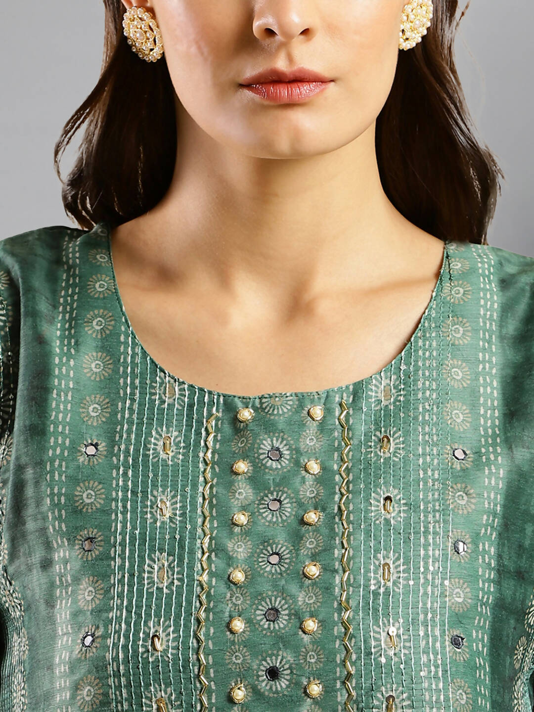 Sea Green Chinon Digital Printed With Hand Work Kurta - Himanshi | Grocsy