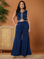Yufta Embroidered Blue Waistcoat Co - Ord Set With Attached Lining | Grocsy