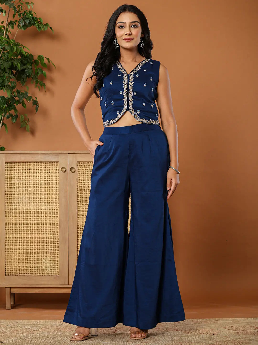 Yufta Embroidered Blue Waistcoat Co - Ord Set With Attached Lining | Grocsy