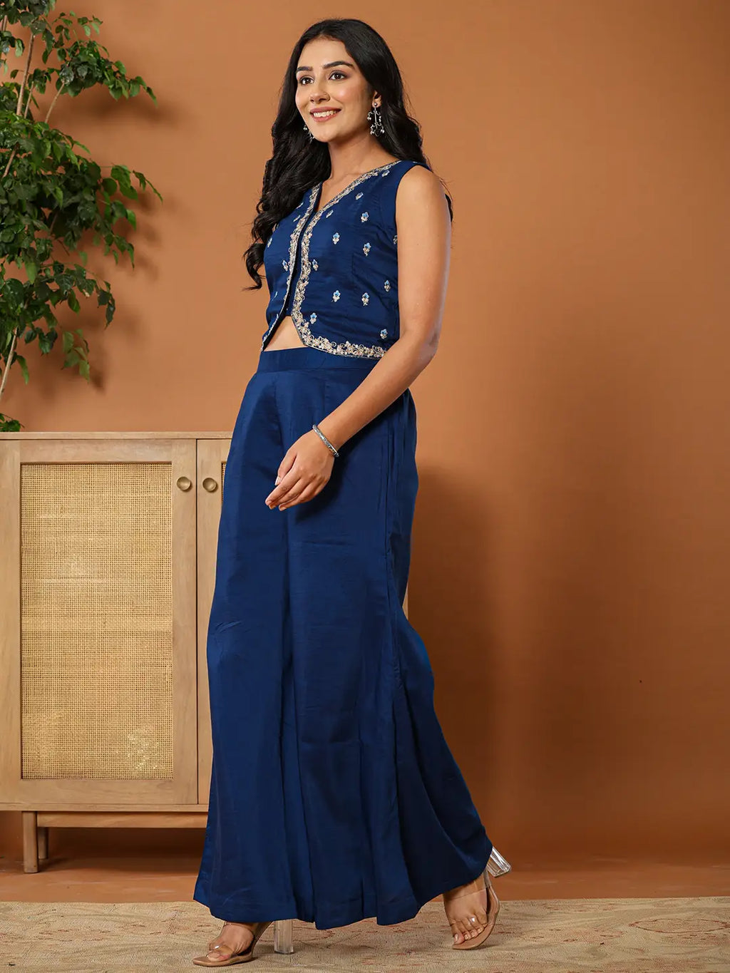 Yufta Embroidered Blue Waistcoat Co - Ord Set With Attached Lining | Grocsy