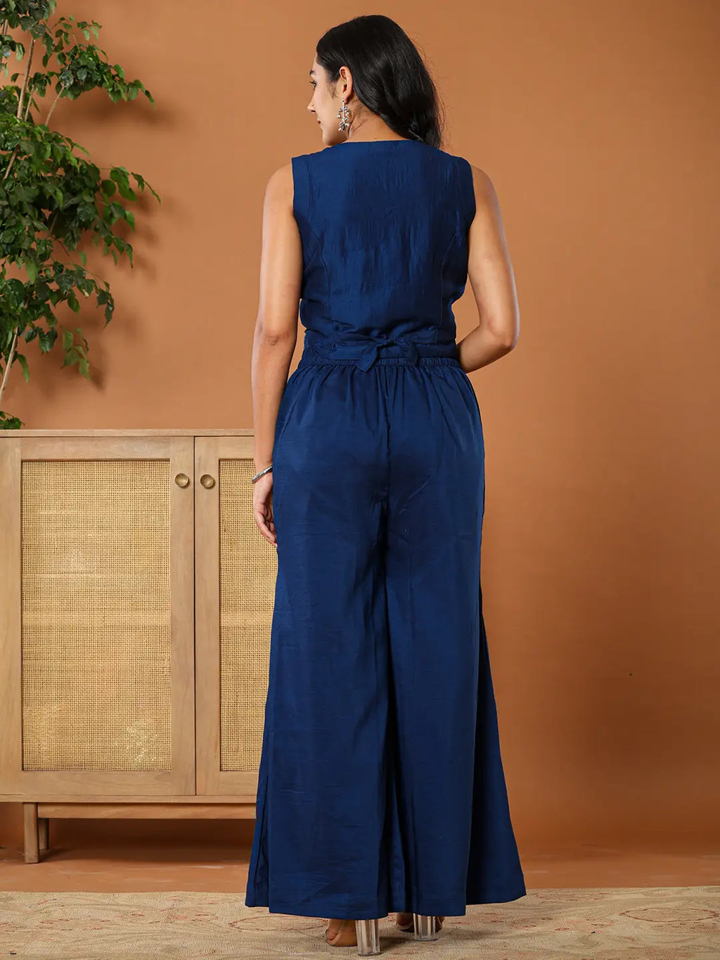 Yufta Embroidered Blue Waistcoat Co - Ord Set With Attached Lining | Grocsy