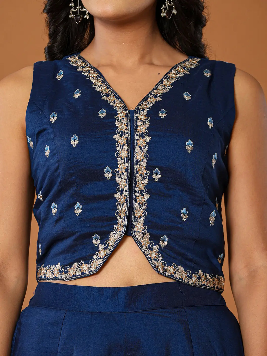 Yufta Embroidered Blue Waistcoat Co - Ord Set With Attached Lining | Grocsy