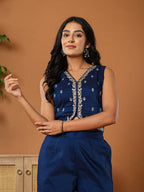 Yufta Embroidered Blue Waistcoat Co - Ord Set With Attached Lining | Grocsy