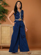 Yufta Embroidered Blue Waistcoat Co - Ord Set With Attached Lining | Grocsy