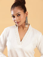BohoJazz Classic Signature Hand-Embroidered Kurta Pant - White | Grocsy