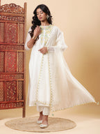 BohoJazz Nazm Embroidered Kurta Pants with Dupatta - Ivory | Grocsy