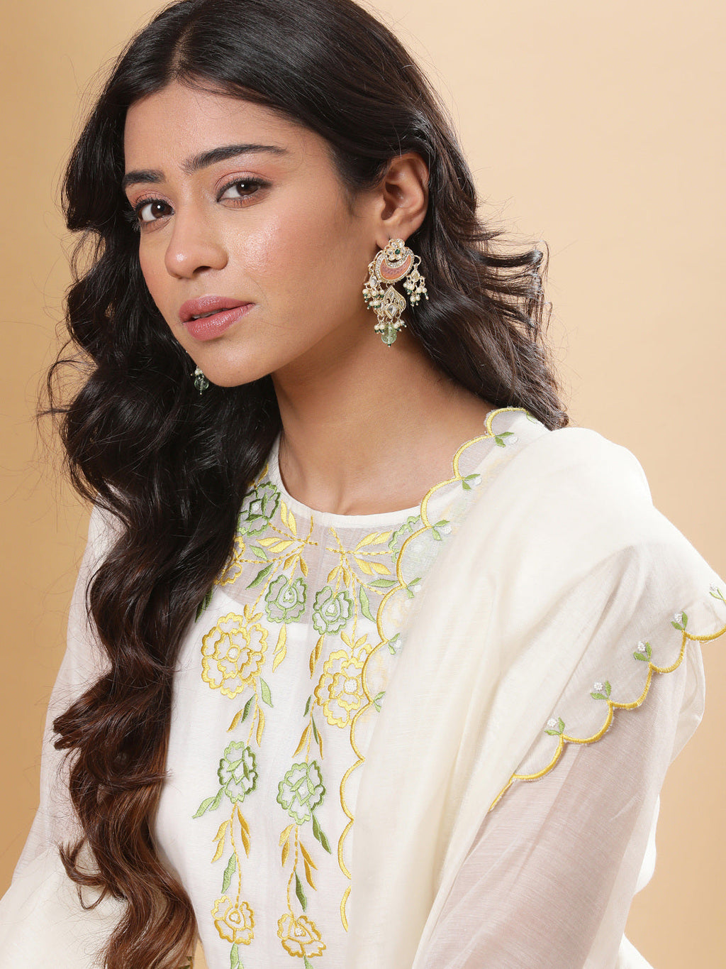 BohoJazz Nazm Embroidered Kurta Pants with Dupatta - Ivory | Grocsy