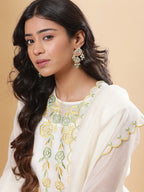 BohoJazz Nazm Embroidered Kurta Pants with Dupatta - Ivory | Grocsy
