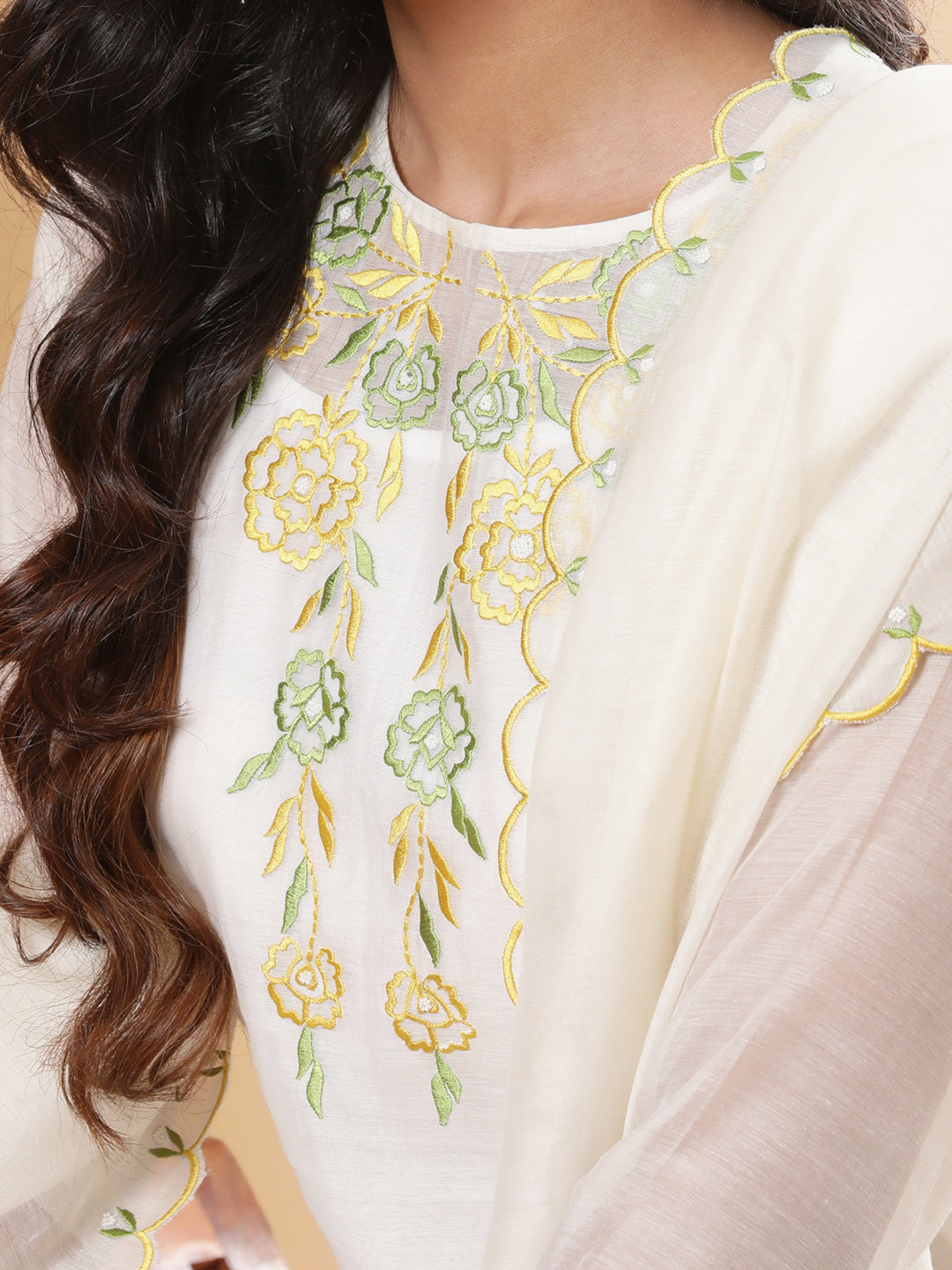 BohoJazz Nazm Embroidered Kurta Pants with Dupatta - Ivory | Grocsy