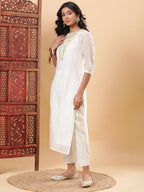 BohoJazz Nazm Embroidered Kurta Pants with Dupatta - Ivory | Grocsy