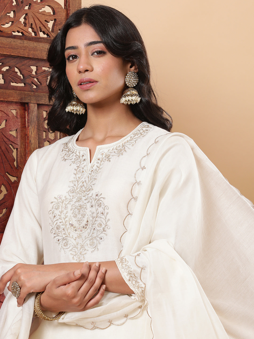 BohoJazz Sunehri Embroidered Kurta Pants with Dupatta - Ivory | Grocsy