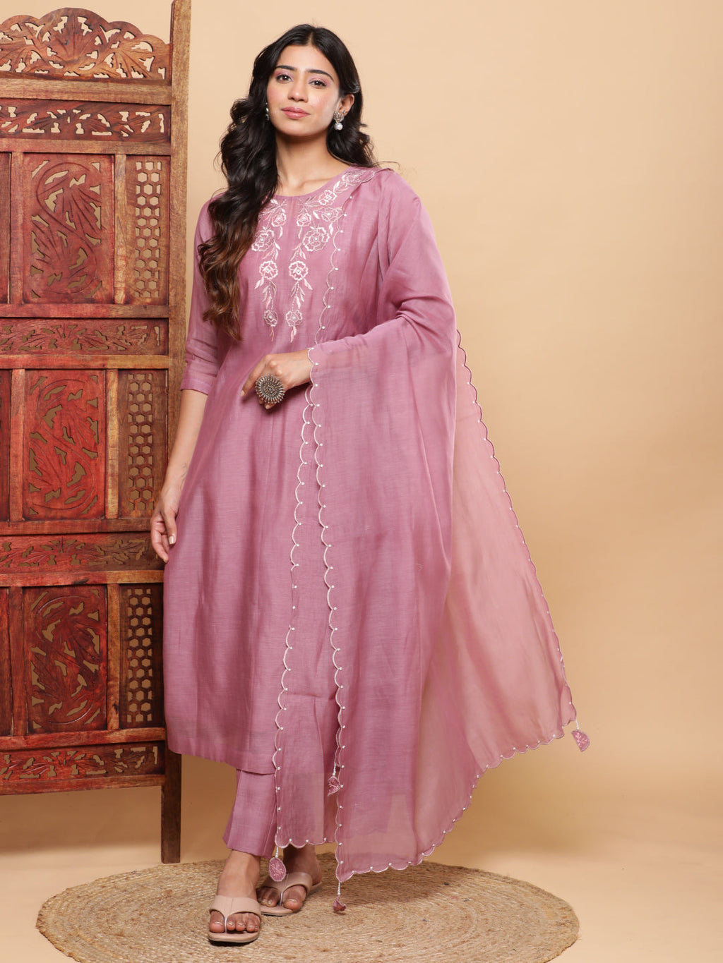 BohoJazz Nazm Embroidered Kurta Pants with Dupatta - Mauve | Grocsy