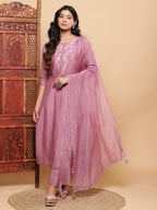 BohoJazz Nazm Embroidered Kurta Pants with Dupatta - Mauve | Grocsy