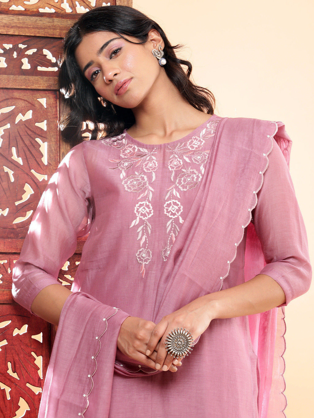 BohoJazz Nazm Embroidered Kurta Pants with Dupatta - Mauve | Grocsy