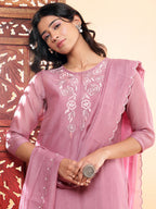 BohoJazz Nazm Embroidered Kurta Pants with Dupatta - Mauve | Grocsy
