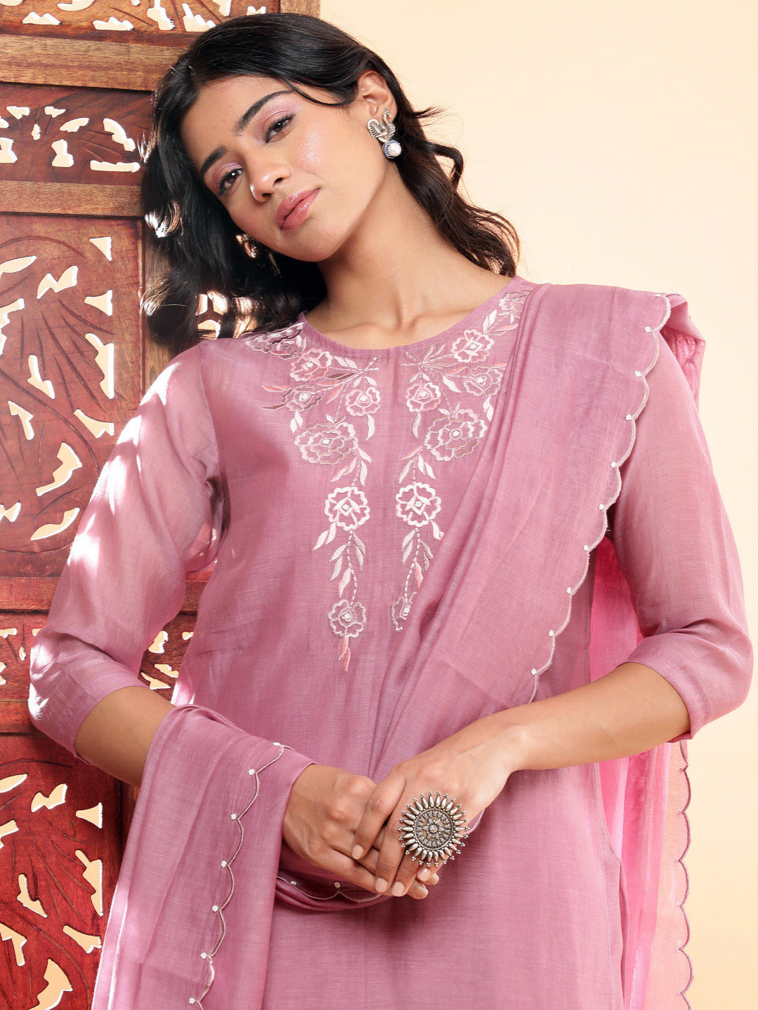 BohoJazz Nazm Embroidered Kurta Pants with Dupatta - Mauve | Grocsy