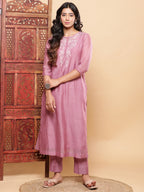 BohoJazz Nazm Embroidered Kurta Pants with Dupatta - Mauve | Grocsy