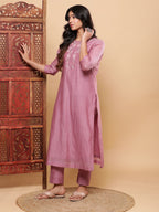 BohoJazz Nazm Embroidered Kurta Pants with Dupatta - Mauve | Grocsy