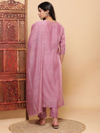 BohoJazz Nazm Embroidered Kurta Pants with Dupatta - Mauve | Grocsy