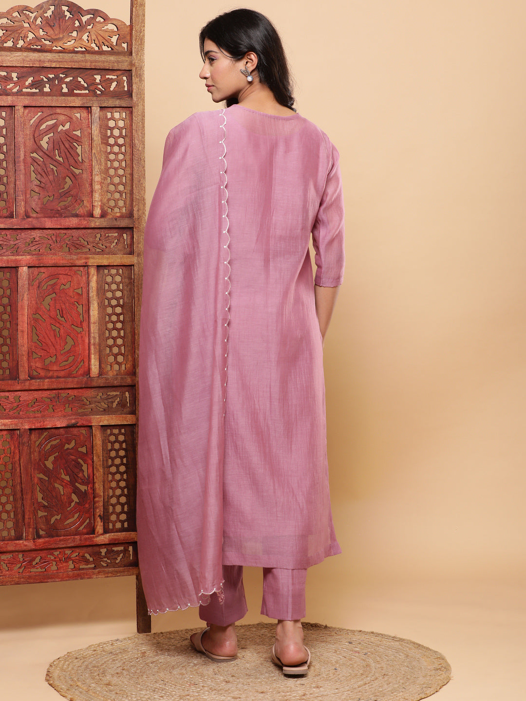 BohoJazz Nazm Embroidered Kurta Pants with Dupatta - Mauve | Grocsy