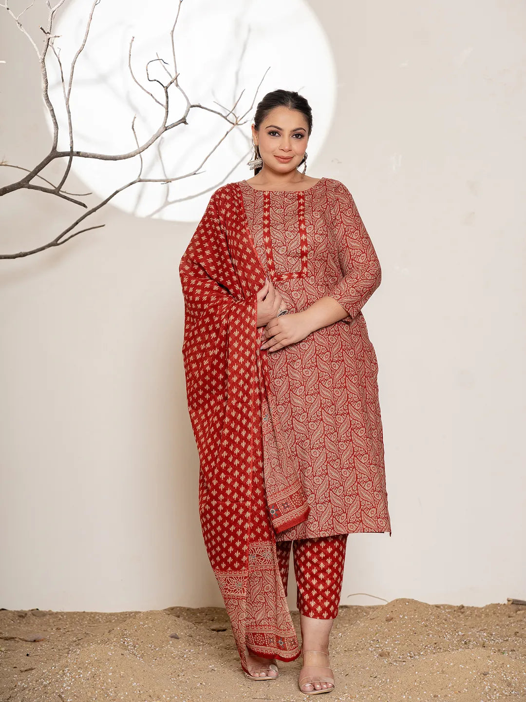 Yufta Maroon Embroidered Cotton Plus Size Kurta Dupatta Set | Grocsy