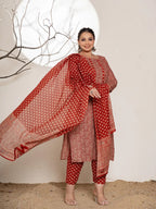 Yufta Maroon Embroidered Cotton Plus Size Kurta Dupatta Set | Grocsy