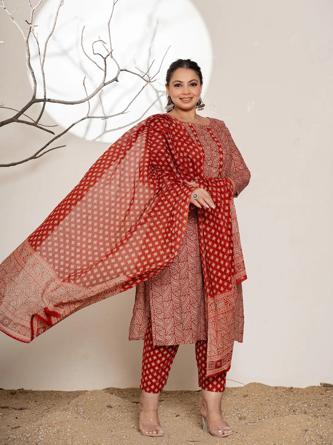 Yufta Maroon Embroidered Cotton Plus Size Kurta Dupatta Set | Grocsy