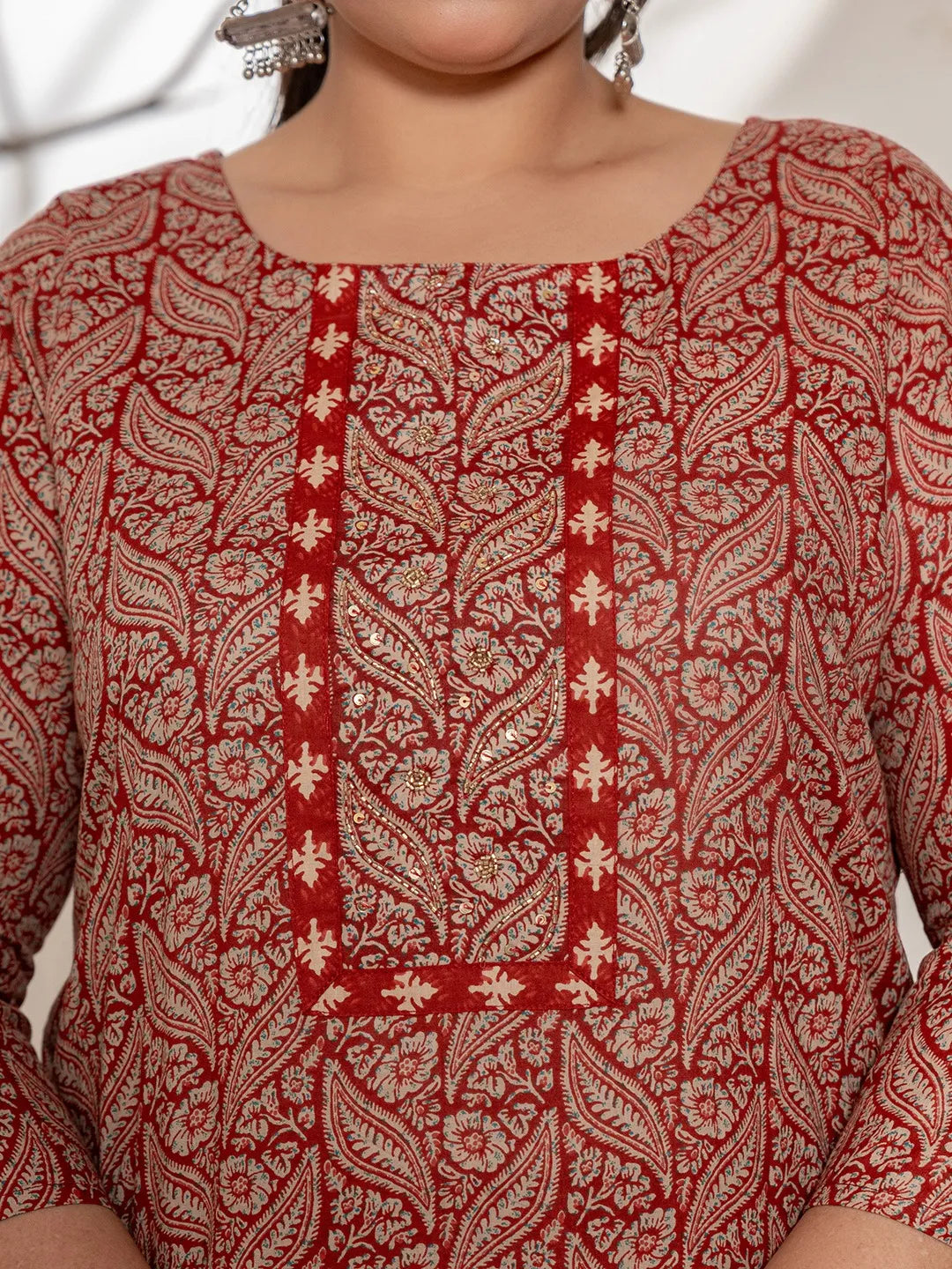 Yufta Maroon Embroidered Cotton Plus Size Kurta Dupatta Set | Grocsy