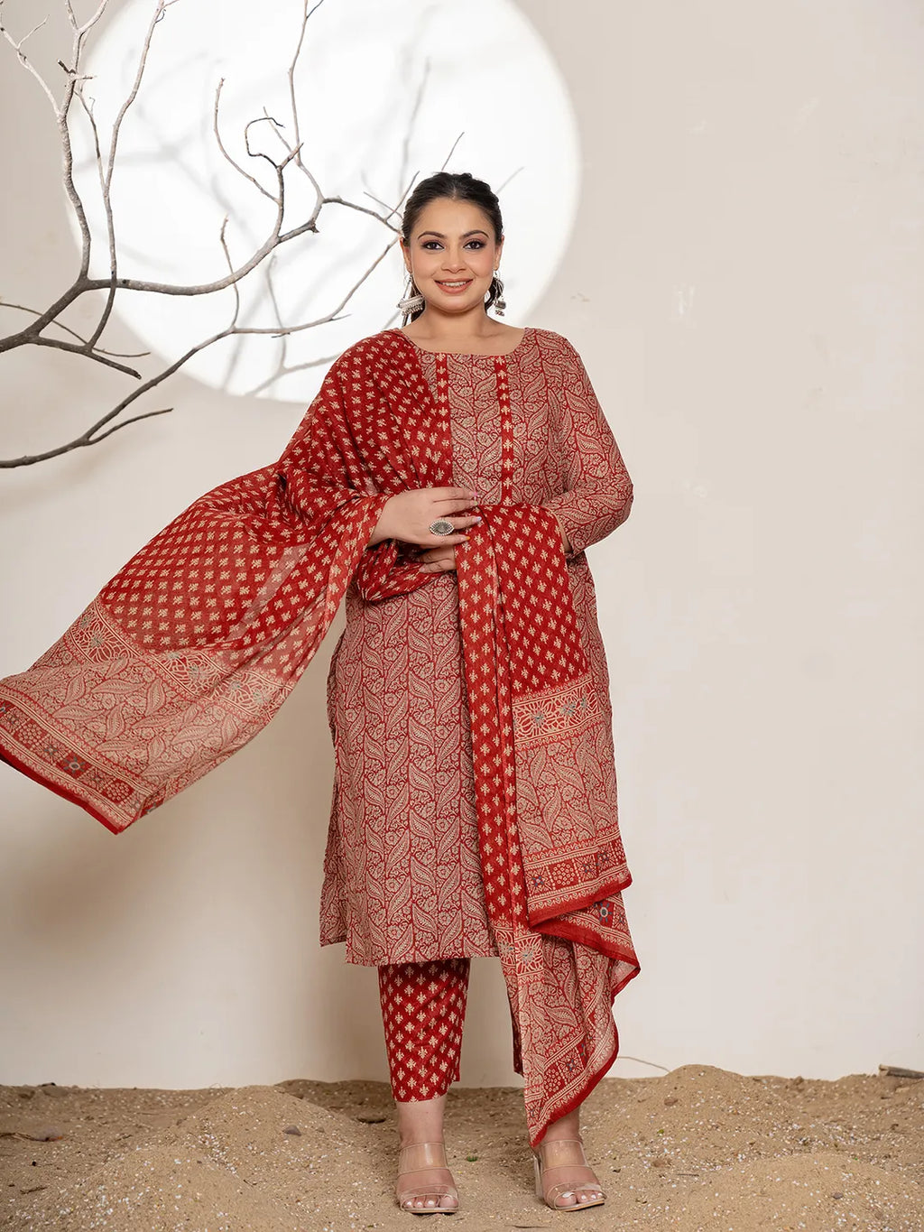 Yufta Maroon Embroidered Cotton Plus Size Kurta Dupatta Set | Grocsy