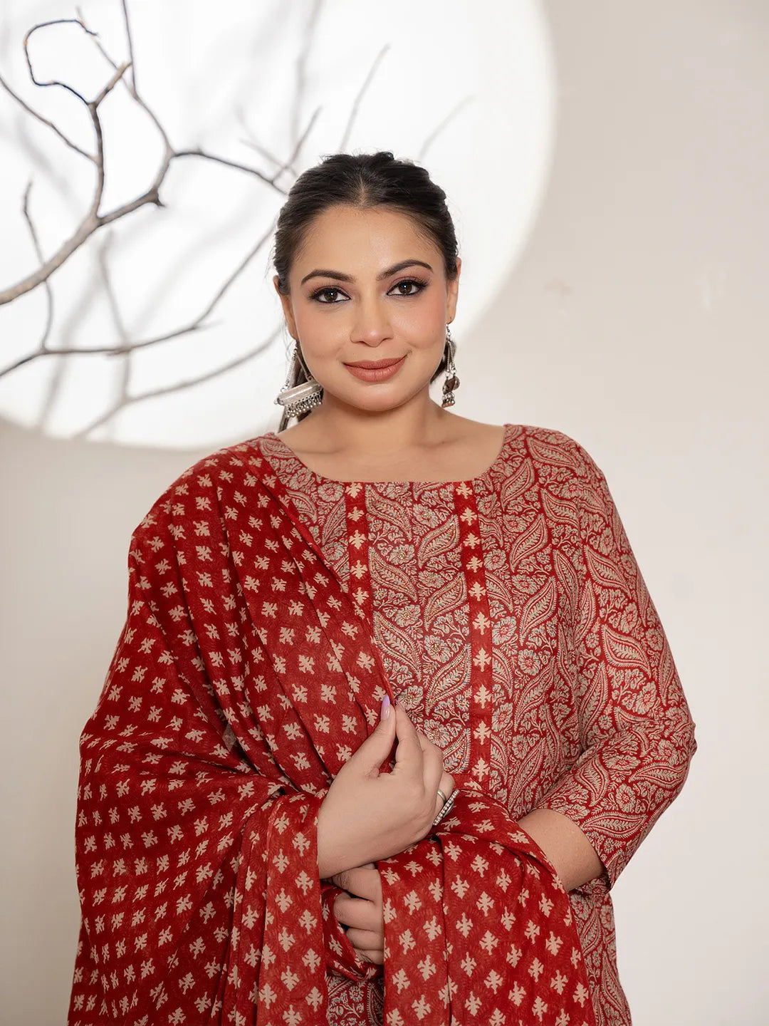 Yufta Maroon Embroidered Cotton Plus Size Kurta Dupatta Set | Grocsy