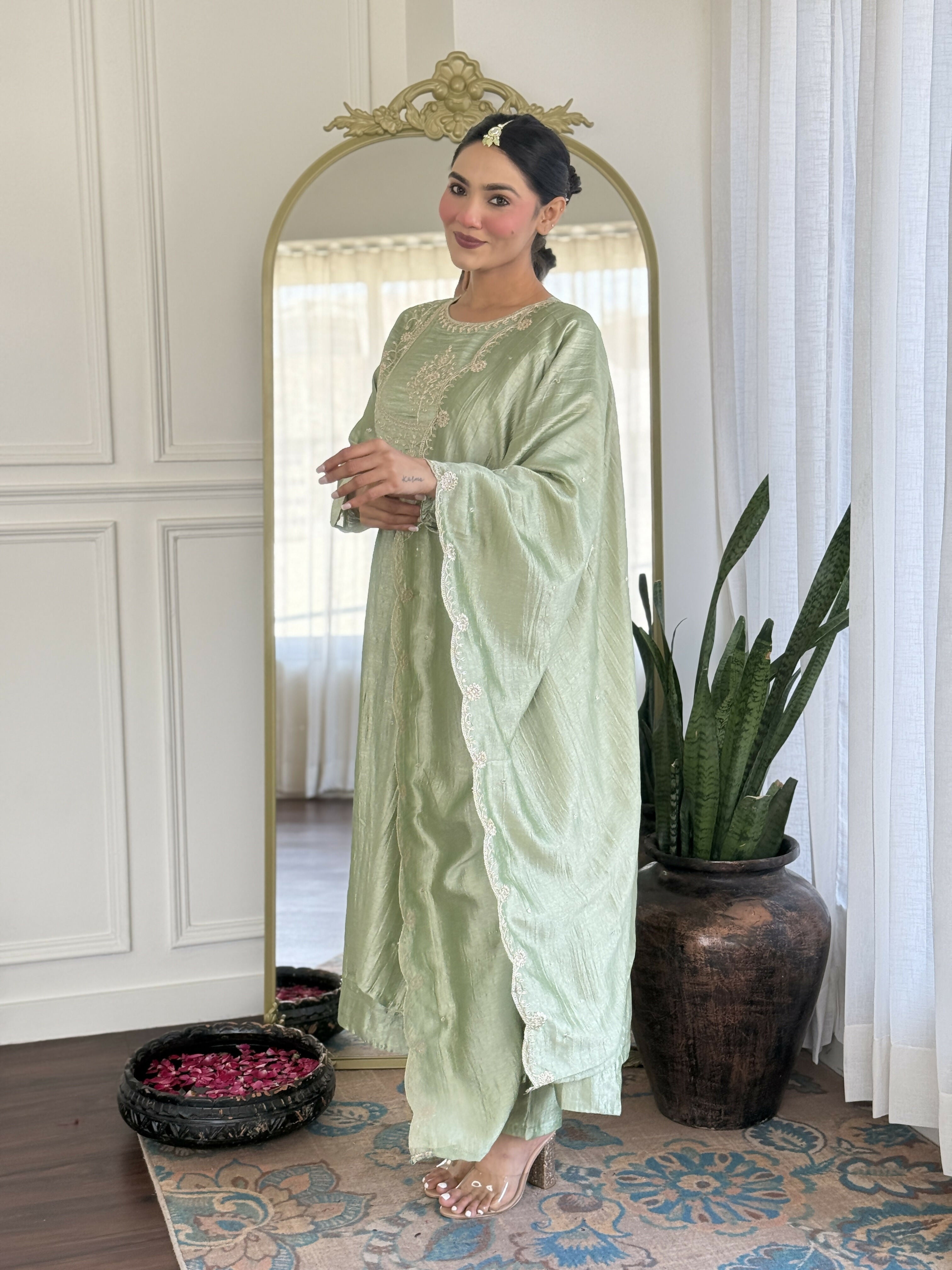 The52 Pista Women's Gorgeous Embroidered Vichitra Silk Fabric Flared Kurta Pant with Dupatta Set | Grocsy