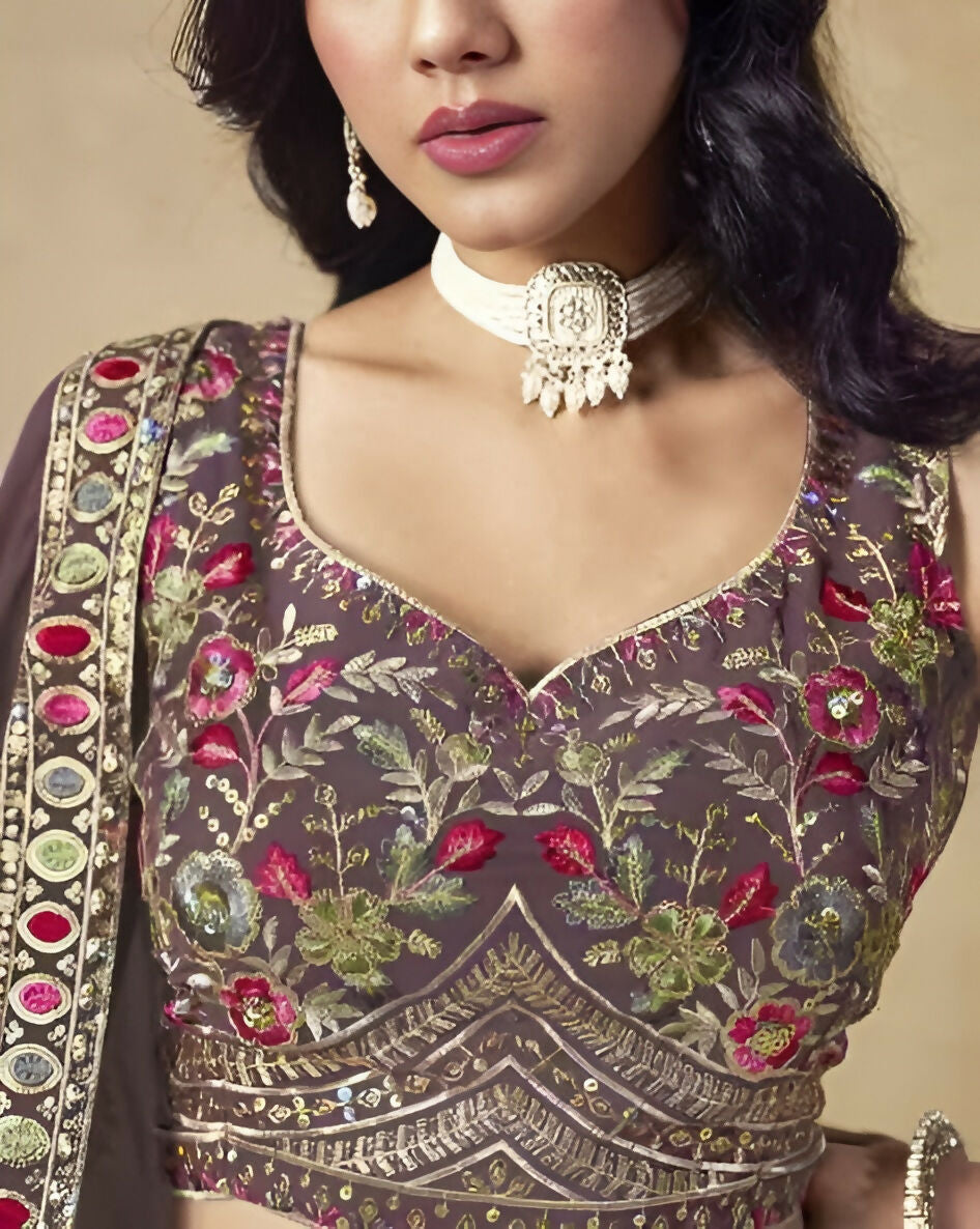 Women’s Semi-Stitched Dusty Mauve Georgette Zari Sequence Thread Embroidery Work Lehenga Choli With Georgette Dupatta-Jihu Culture | Grocsy