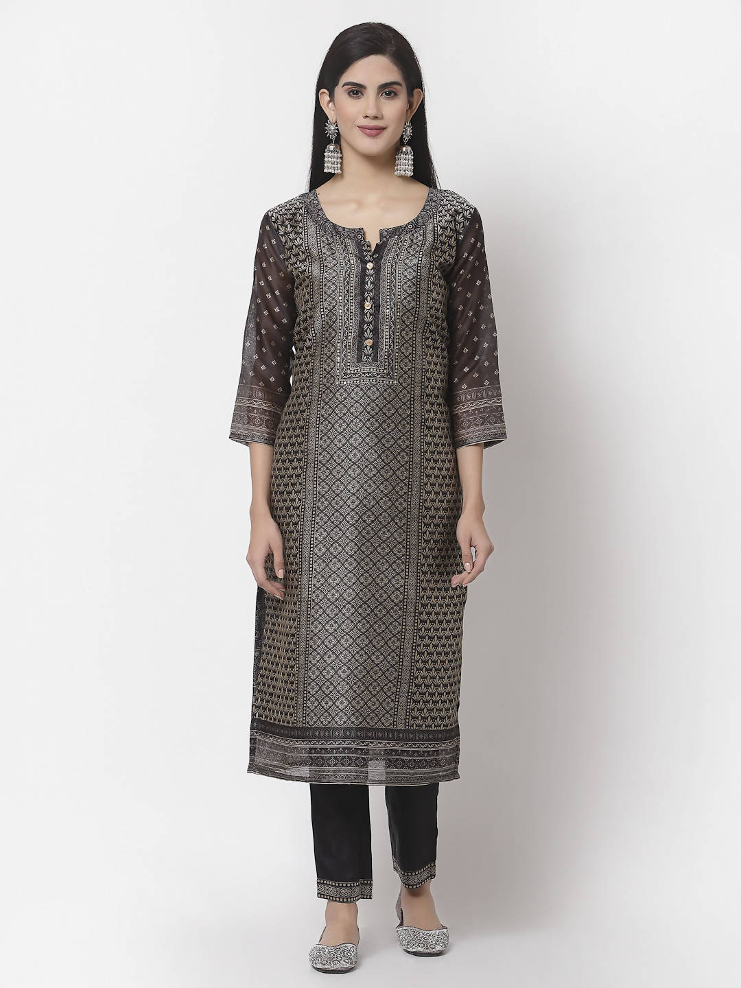 Myshka Black Chanderi Silk Embroidered 3/4 Sleeve Round Neck Kurta Pant Dupatta Set | Grocsy