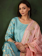 Sangria Woven Design Kurta & Palazzo With Dupatta | Grocsy