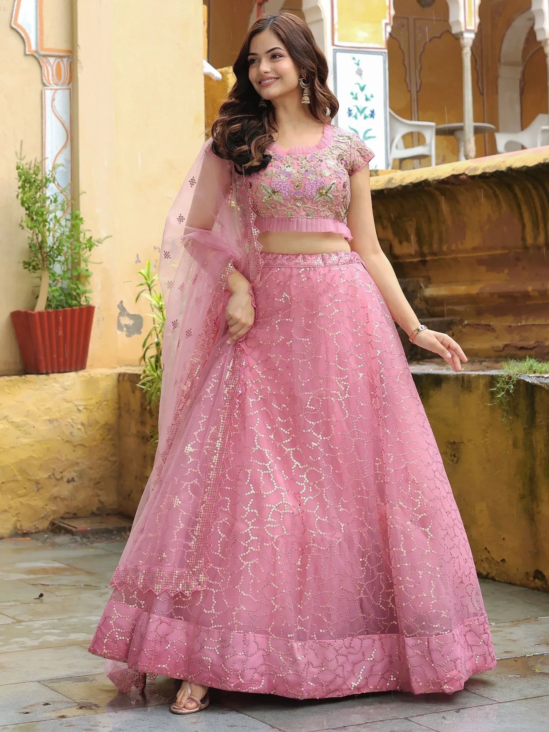 Tulsi Art Enchanting Pink Embroidered Net Engagement Wear Lehenga Choli | Grocsy