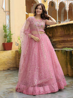 Tulsi Art Enchanting Pink Embroidered Net Engagement Wear Lehenga Choli | Grocsy