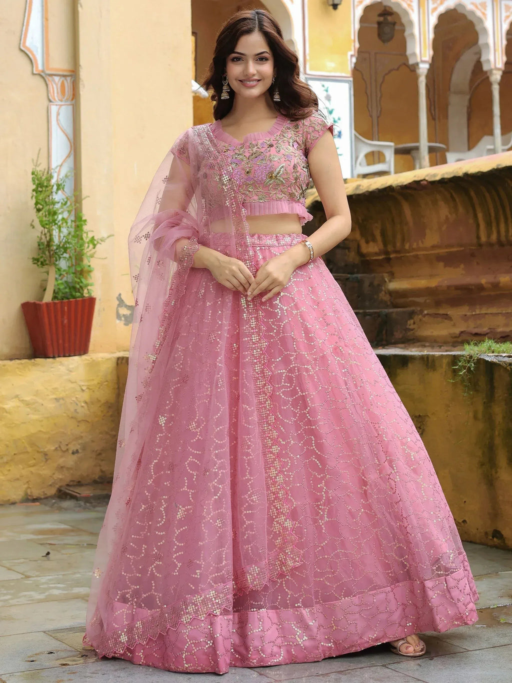Tulsi Art Enchanting Pink Embroidered Net Engagement Wear Lehenga Choli | Grocsy